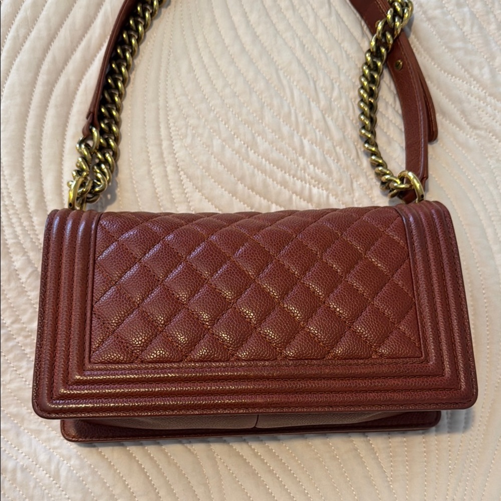 CHANEL Brown (burned orange) and Antique Gold Medium Boy Bad Bag - Picture 9 of 17